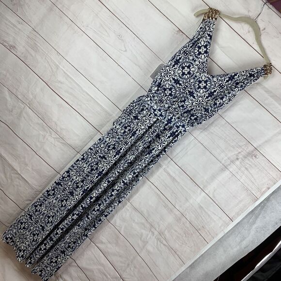 Jessica Simpson Dress maxi Blouson Belt Gown M Gold Chain elastic wedding Greek - Picture 3 of 16